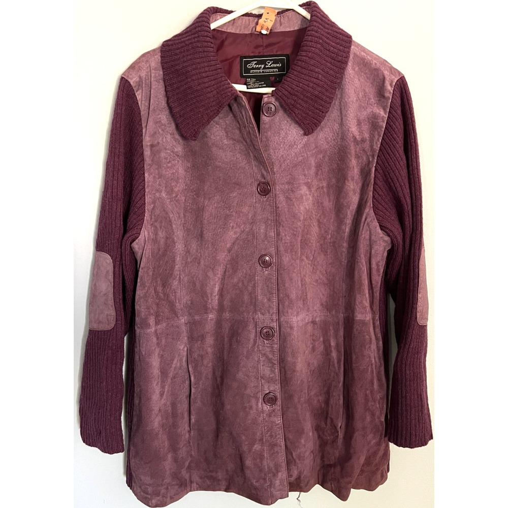 Terry Lewis Luxury Jacket Womens L Purple Suede Leather Wool Knit Elbow Patches